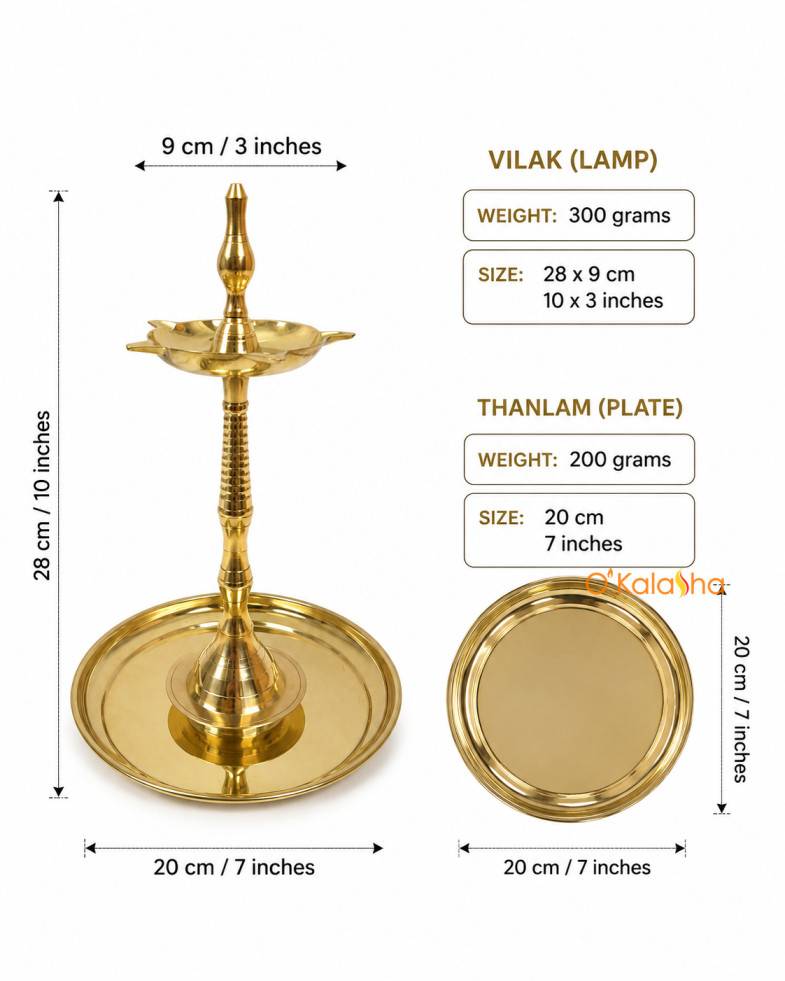 O'Kalasha Pure Brass Nilavilakku and Thalam Combo Set - Traditional Kerala Brass Lamp with 7-Inch Plate